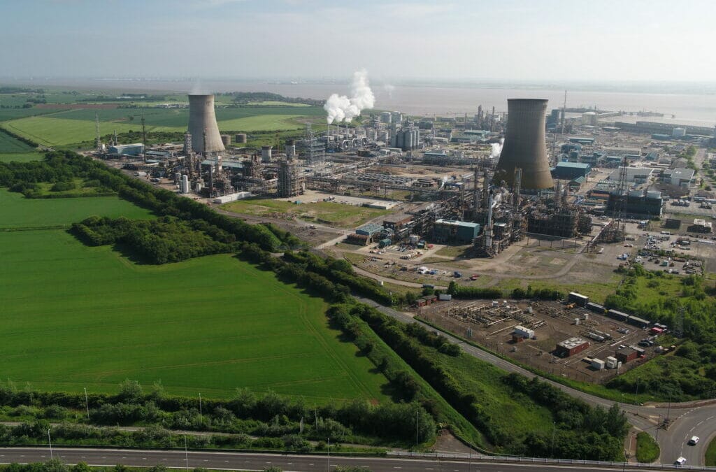 View of an industrial area and fields from above