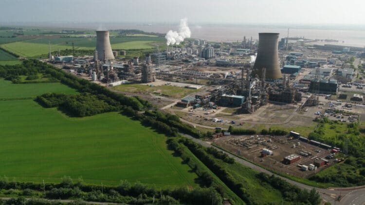 View of an industrial area and fields from above