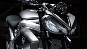 Close-up of the Triumph TE-1 electric motorcycle