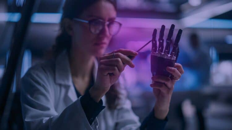 female engineer examining a robotic hand