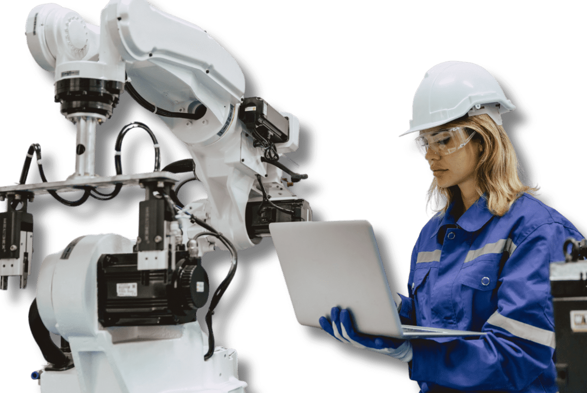 female engineer on ipad operating robotic arm