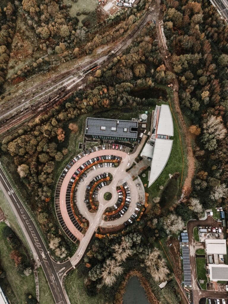 Overhead drone shot of a building